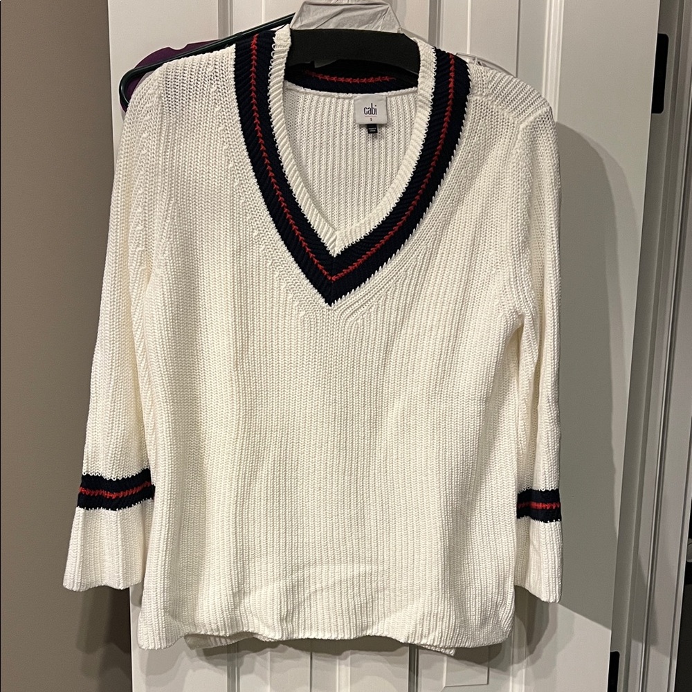 CAbi Cream V-Neck Sweater with Black and Red Trim